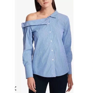DKNY Womens Small  Poplin Asymmetrical One Shoulder Button Shirt Stripes